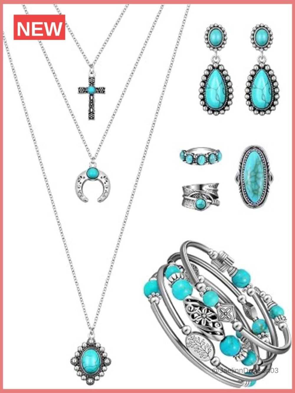 6-Piece Turquoise Jewelry Set: Necklace, Bracelet, Earrings, Rings